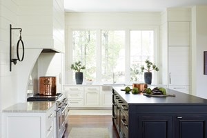 Wolf 48" 6 Burner and Griddle Dual Fuel Range in Brookhaven Residence by Karen Ferguson.